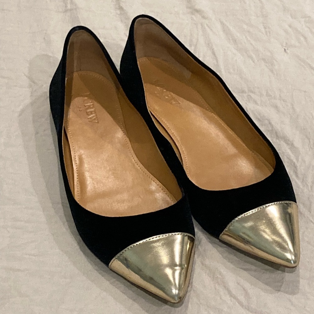 J. Crew Black Velvet Flat with Gold Captoe